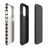 A Timeless Houndstooth for iPhone with a dual-camera system is encased in an impact-resistant polycarbonate, houndstooth-patterned case. The black and beige design features the brand name "Statement Cases" printed at the bottom, ensuring both style and dual-layer protection for your device.