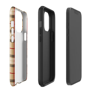 A Neutral Heritage Tartan for iPhone by Statement Cases with a plaid-patterned, impact-resistant polycarbonate case featuring beige, black, white, and red stripes. The durable phone case has the text "STATEMENT CASES" written at the bottom. The phone boasts a triple camera setup with an additional sensor and flash.