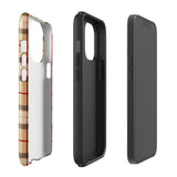 A Neutral Heritage Tartan for iPhone by Statement Cases with a plaid-patterned, impact-resistant polycarbonate case featuring beige, black, white, and red stripes. The durable phone case has the text "STATEMENT CASES" written at the bottom. The phone boasts a triple camera setup with an additional sensor and flash.