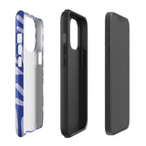 An iPhone encased in the "Mariposa Azul" by Statement Cases, featuring a blue design with an abstract white leaf pattern. The case combines curved and pointed shapes and provides dual-layer protection with TPU lining and impact-resistant polycarbonate. Camera lenses and other top elements remain unobstructed, and "Statement Cases" is inscribed at the bottom.