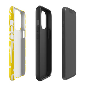 The Sol Dorado for iPhone by Statement Cases is a smartphone with a yellow case featuring a white, abstract floral and plant pattern. The camera lenses are prominent in the top left corner of the device. With dual-layer protection and impact-resistant TPU lining, "Statement Cases" is printed at the bottom of the case.