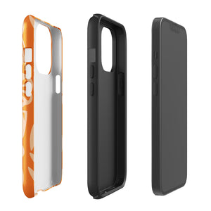 A Savannah Ardiente for iPhone from Statement Cases, featuring a dual-layered phone case in orange with a floral pattern showcasing cream-colored flowers, leaves, and geometric shapes. This impact-resistant polycarbonate case displays "STATEMENT CASES" at the bottom and reveals the camera lenses at the top left corner.