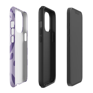 The Luna Morada for iPhone by Statement Cases is a durable phone case with a purple protective exterior featuring abstract dark purple and lavender patterns. The design includes geometric shapes and curves, giving it a modern artistic look. Made from impact-resistant polycarbonate, the lower part of the case prominently displays "STATEMENT CASES.