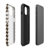 A Timeless Houndstooth for iPhone with a dual-camera system is encased in an impact-resistant polycarbonate, houndstooth-patterned case. The black and beige design features the brand name "Statement Cases" printed at the bottom, ensuring both style and dual-layer protection for your device.