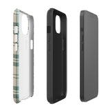 A smartphone with a beige and green plaid-patterned, impact-resistant polycarbonate case is shown. The phone’s rear camera lenses are prominently visible at the top left. The durable phone case features the words “Statement Cases” printed in small text at the bottom center. This is the Elegant Plaid for iPhone.