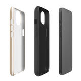 A beige and white striped, impact-resistant phone case for a smartphone. The Estate Stripe for iPhone features vertical stripes and dual-layer protection, designed to fit a phone with multiple camera lenses. The brand name "Statement Cases" is subtly printed at the bottom.