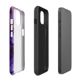 A Statement Cases Golden Orchid Marble for iPhone with a case featuring an abstract design of swirling purple, pink, and gold hues over a white background. The marbled patterns with metallic accents provide dual-layer protection and are impact-resistant. The top of the case has cutouts for the phone's camera lenses and is induction charging compatible.