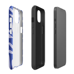 An iPhone encased in the "Mariposa Azul" by Statement Cases, featuring a blue design with an abstract white leaf pattern. The case combines curved and pointed shapes and provides dual-layer protection with TPU lining and impact-resistant polycarbonate. Camera lenses and other top elements remain unobstructed, and "Statement Cases" is inscribed at the bottom.