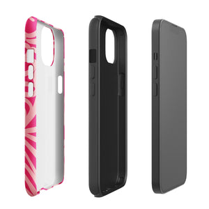 Introducing the Zafiro Rosa for iPhone by Statement Cases: a smartphone case featuring abstract floral and leaf patterns in various shades of pink. This dual-layer protection case combines an impact-resistant polycarbonate exterior with a TPU inner liner to ensure durability. The design showcases the brand name "Statement Cases" at the bottom, with precise cutouts revealing the phone’s camera lenses at the top left corner.