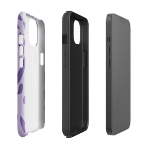 The Luna Morada for iPhone by Statement Cases is a durable phone case with a purple protective exterior featuring abstract dark purple and lavender patterns. The design includes geometric shapes and curves, giving it a modern artistic look. Made from impact-resistant polycarbonate, the lower part of the case prominently displays "STATEMENT CASES.