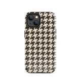 A Timeless Houndstooth for iPhone with a dual-camera system is encased in an impact-resistant polycarbonate, houndstooth-patterned case. The black and beige design features the brand name "Statement Cases" printed at the bottom, ensuring both style and dual-layer protection for your device.