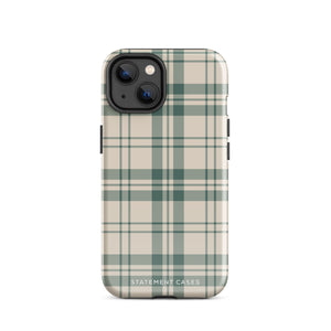 A smartphone with a beige and green plaid-patterned, impact-resistant polycarbonate case is shown. The phone’s rear camera lenses are prominently visible at the top left. The durable phone case features the words “Statement Cases” printed in small text at the bottom center. This is the Elegant Plaid for iPhone.