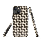 A Timeless Houndstooth for iPhone with a dual-camera system is encased in an impact-resistant polycarbonate, houndstooth-patterned case. The black and beige design features the brand name "Statement Cases" printed at the bottom, ensuring both style and dual-layer protection for your device.