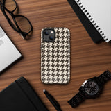 A Timeless Houndstooth for iPhone with a dual-camera system is encased in an impact-resistant polycarbonate, houndstooth-patterned case. The black and beige design features the brand name "Statement Cases" printed at the bottom, ensuring both style and dual-layer protection for your device.