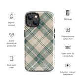 An Aristocrats Plaid for iPhone with a plaid-patterned case in shades of green, beige, and off-white. The camera lenses are positioned at the top left corner, and the dual-layer protection extends over the edges providing full coverage. The brand "Statement Cases" is subtly visible at the bottom.
