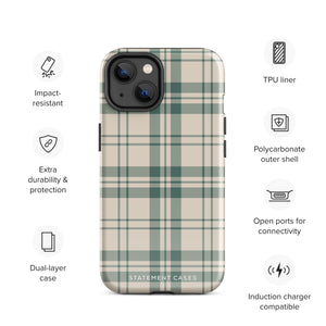 A smartphone with a beige and green plaid-patterned, impact-resistant polycarbonate case is shown. The phone’s rear camera lenses are prominently visible at the top left. The durable phone case features the words “Statement Cases” printed in small text at the bottom center. This is the Elegant Plaid for iPhone.