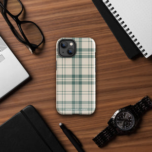 A smartphone with a beige and green plaid-patterned, impact-resistant polycarbonate case is shown. The phone’s rear camera lenses are prominently visible at the top left. The durable phone case features the words “Statement Cases” printed in small text at the bottom center. This is the Elegant Plaid for iPhone.