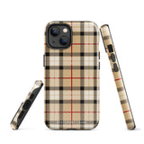 A Neutral Heritage Tartan for iPhone by Statement Cases with a plaid-patterned, impact-resistant polycarbonate case featuring beige, black, white, and red stripes. The durable phone case has the text "STATEMENT CASES" written at the bottom. The phone boasts a triple camera setup with an additional sensor and flash.