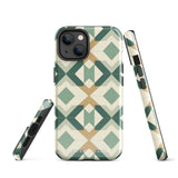 A Smartphone with a durable Old World Mosaic for iPhone case by Statement Cases showcasing a geometric pattern in shades of green, beige, and white. The symmetrical, angular designs create an almost star-like appearance. The impact-resistant polycarbonate construction ensures protection while the camera lenses remain visible at the top left corner.