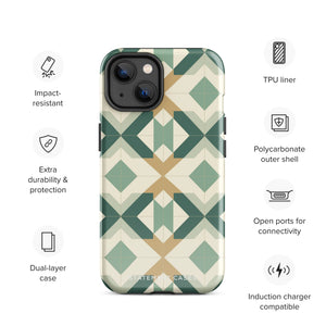 A Smartphone with a durable Old World Mosaic for iPhone case by Statement Cases showcasing a geometric pattern in shades of green, beige, and white. The symmetrical, angular designs create an almost star-like appearance. The impact-resistant polycarbonate construction ensures protection while the camera lenses remain visible at the top left corner.