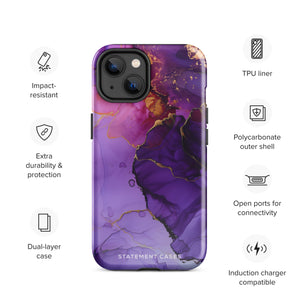 A Statement Cases Golden Orchid Marble for iPhone with a case featuring an abstract design of swirling purple, pink, and gold hues over a white background. The marbled patterns with metallic accents provide dual-layer protection and are impact-resistant. The top of the case has cutouts for the phone's camera lenses and is induction charging compatible.