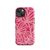 Introducing the Zafiro Rosa for iPhone by Statement Cases: a smartphone case featuring abstract floral and leaf patterns in various shades of pink. This dual-layer protection case combines an impact-resistant polycarbonate exterior with a TPU inner liner to ensure durability. The design showcases the brand name "Statement Cases" at the bottom, with precise cutouts revealing the phone’s camera lenses at the top left corner.