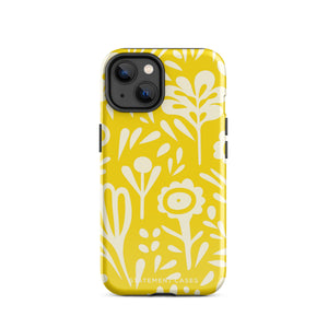 The Sol Dorado for iPhone by Statement Cases is a smartphone with a yellow case featuring a white, abstract floral and plant pattern. The camera lenses are prominent in the top left corner of the device. With dual-layer protection and impact-resistant TPU lining, "Statement Cases" is printed at the bottom of the case.