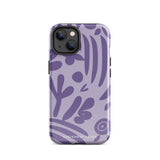 The Luna Morada for iPhone by Statement Cases is a durable phone case with a purple protective exterior featuring abstract dark purple and lavender patterns. The design includes geometric shapes and curves, giving it a modern artistic look. Made from impact-resistant polycarbonate, the lower part of the case prominently displays "STATEMENT CASES.