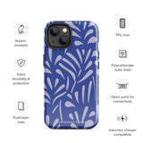 An iPhone encased in the "Mariposa Azul" by Statement Cases, featuring a blue design with an abstract white leaf pattern. The case combines curved and pointed shapes and provides dual-layer protection with TPU lining and impact-resistant polycarbonate. Camera lenses and other top elements remain unobstructed, and "Statement Cases" is inscribed at the bottom.