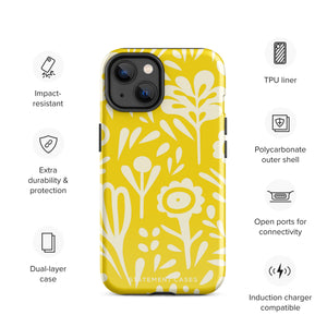 The Sol Dorado for iPhone by Statement Cases is a smartphone with a yellow case featuring a white, abstract floral and plant pattern. The camera lenses are prominent in the top left corner of the device. With dual-layer protection and impact-resistant TPU lining, "Statement Cases" is printed at the bottom of the case.