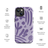 The Luna Morada for iPhone by Statement Cases is a durable phone case with a purple protective exterior featuring abstract dark purple and lavender patterns. The design includes geometric shapes and curves, giving it a modern artistic look. Made from impact-resistant polycarbonate, the lower part of the case prominently displays "STATEMENT CASES.