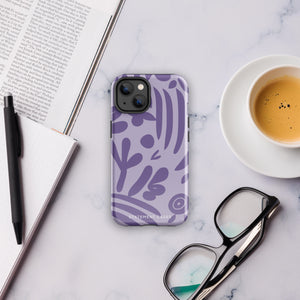 The Luna Morada for iPhone by Statement Cases is a durable phone case with a purple protective exterior featuring abstract dark purple and lavender patterns. The design includes geometric shapes and curves, giving it a modern artistic look. Made from impact-resistant polycarbonate, the lower part of the case prominently displays "STATEMENT CASES.