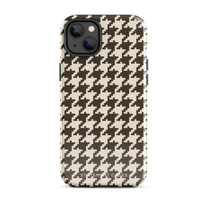 A Timeless Houndstooth for iPhone with a dual-camera system is encased in an impact-resistant polycarbonate, houndstooth-patterned case. The black and beige design features the brand name "Statement Cases" printed at the bottom, ensuring both style and dual-layer protection for your device.