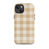 A Gingham Grace for iPhone by Statement Cases is covered with a protective case featuring a beige and white checkered pattern. The case's design includes a matte finish, dual-layer protection with an impact-resistant polycarbonate exterior and TPU lining, and the text "Statement Cases" printed near the bottom. The phone's cameras and buttons are visible.