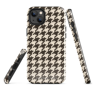 A Timeless Houndstooth for iPhone with a dual-camera system is encased in an impact-resistant polycarbonate, houndstooth-patterned case. The black and beige design features the brand name "Statement Cases" printed at the bottom, ensuring both style and dual-layer protection for your device.