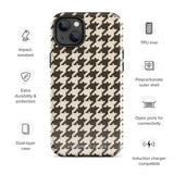 A Timeless Houndstooth for iPhone with a dual-camera system is encased in an impact-resistant polycarbonate, houndstooth-patterned case. The black and beige design features the brand name "Statement Cases" printed at the bottom, ensuring both style and dual-layer protection for your device.