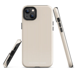 A beige smartphone case with a subtle vertical stripe pattern is shown. Crafted from impact-resistant polycarbonate, it fits a phone with a triple camera setup and flash. The durable dual-layer case includes a TPU inner liner for extra protection. "Statement Cases" is printed on the lower back of the *Noble Pinstripe for iPhone*.