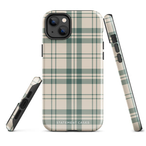 A smartphone with a beige and green plaid-patterned, impact-resistant polycarbonate case is shown. The phone’s rear camera lenses are prominently visible at the top left. The durable phone case features the words “Statement Cases” printed in small text at the bottom center. This is the Elegant Plaid for iPhone.