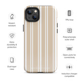 A beige and white striped, impact-resistant phone case for a smartphone. The Estate Stripe for iPhone features vertical stripes and dual-layer protection, designed to fit a phone with multiple camera lenses. The brand name "Statement Cases" is subtly printed at the bottom.