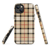 A Neutral Heritage Tartan for iPhone by Statement Cases with a plaid-patterned, impact-resistant polycarbonate case featuring beige, black, white, and red stripes. The durable phone case has the text "STATEMENT CASES" written at the bottom. The phone boasts a triple camera setup with an additional sensor and flash.