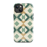 A Smartphone with a durable Old World Mosaic for iPhone case by Statement Cases showcasing a geometric pattern in shades of green, beige, and white. The symmetrical, angular designs create an almost star-like appearance. The impact-resistant polycarbonate construction ensures protection while the camera lenses remain visible at the top left corner.