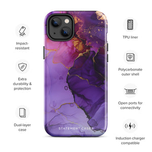 A Statement Cases Golden Orchid Marble for iPhone with a case featuring an abstract design of swirling purple, pink, and gold hues over a white background. The marbled patterns with metallic accents provide dual-layer protection and are impact-resistant. The top of the case has cutouts for the phone's camera lenses and is induction charging compatible.