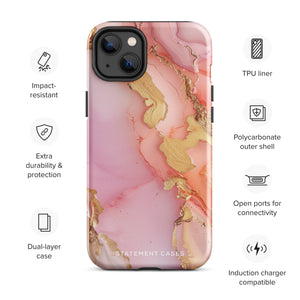 The Gold Blush Marble for iPhone showcases a glossy, marble-patterned case in shades of pink and gold. The decorative design features swirling patterns, seamlessly blending the colors. Crafted with impact-resistant polycarbonate for superior phone protection, "Statement Cases" is written in white at the bottom.