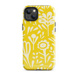 The Sol Dorado for iPhone by Statement Cases is a smartphone with a yellow case featuring a white, abstract floral and plant pattern. The camera lenses are prominent in the top left corner of the device. With dual-layer protection and impact-resistant TPU lining, "Statement Cases" is printed at the bottom of the case.