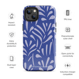 An iPhone encased in the "Mariposa Azul" by Statement Cases, featuring a blue design with an abstract white leaf pattern. The case combines curved and pointed shapes and provides dual-layer protection with TPU lining and impact-resistant polycarbonate. Camera lenses and other top elements remain unobstructed, and "Statement Cases" is inscribed at the bottom.