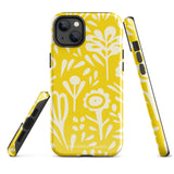 The Sol Dorado for iPhone by Statement Cases is a smartphone with a yellow case featuring a white, abstract floral and plant pattern. The camera lenses are prominent in the top left corner of the device. With dual-layer protection and impact-resistant TPU lining, "Statement Cases" is printed at the bottom of the case.