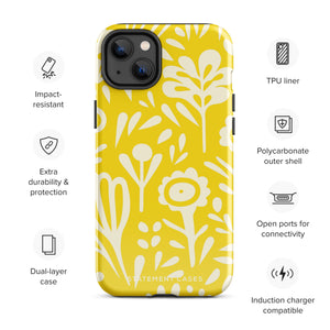 The Sol Dorado for iPhone by Statement Cases is a smartphone with a yellow case featuring a white, abstract floral and plant pattern. The camera lenses are prominent in the top left corner of the device. With dual-layer protection and impact-resistant TPU lining, "Statement Cases" is printed at the bottom of the case.