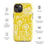 The Sol Dorado for iPhone by Statement Cases is a smartphone with a yellow case featuring a white, abstract floral and plant pattern. The camera lenses are prominent in the top left corner of the device. With dual-layer protection and impact-resistant TPU lining, "Statement Cases" is printed at the bottom of the case.