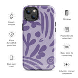 The Luna Morada for iPhone by Statement Cases is a durable phone case with a purple protective exterior featuring abstract dark purple and lavender patterns. The design includes geometric shapes and curves, giving it a modern artistic look. Made from impact-resistant polycarbonate, the lower part of the case prominently displays "STATEMENT CASES.