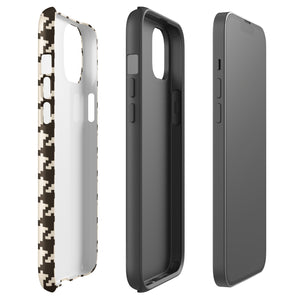 A Timeless Houndstooth for iPhone with a dual-camera system is encased in an impact-resistant polycarbonate, houndstooth-patterned case. The black and beige design features the brand name "Statement Cases" printed at the bottom, ensuring both style and dual-layer protection for your device.